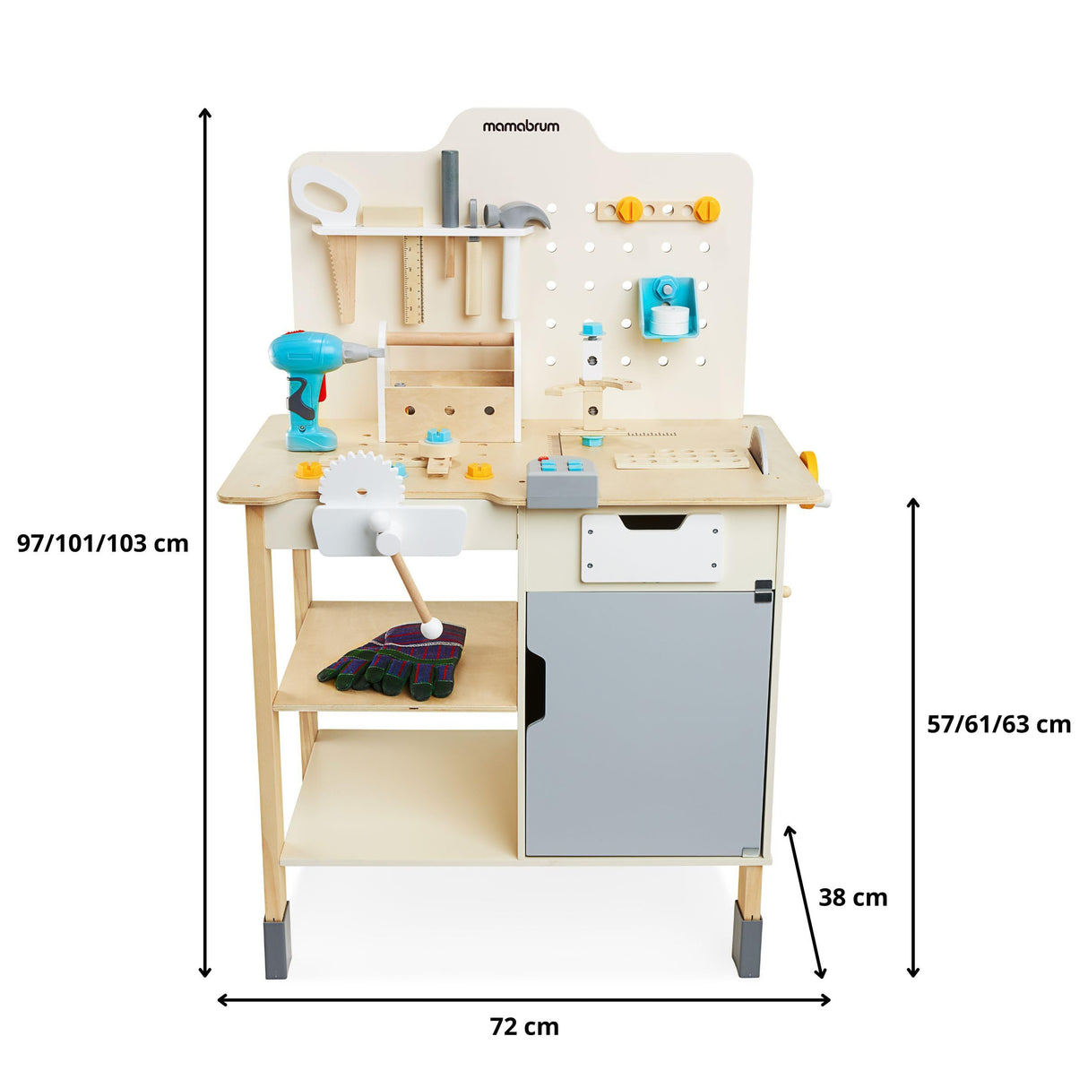 mamabrum Banco Trabajo Madera para Niños - Mesa Herramientas XXL con 74 Piezas, Taladro Eléctrico y Sierra Circular - Altura Ajustable 97-103cm - A Partir de 2 Años