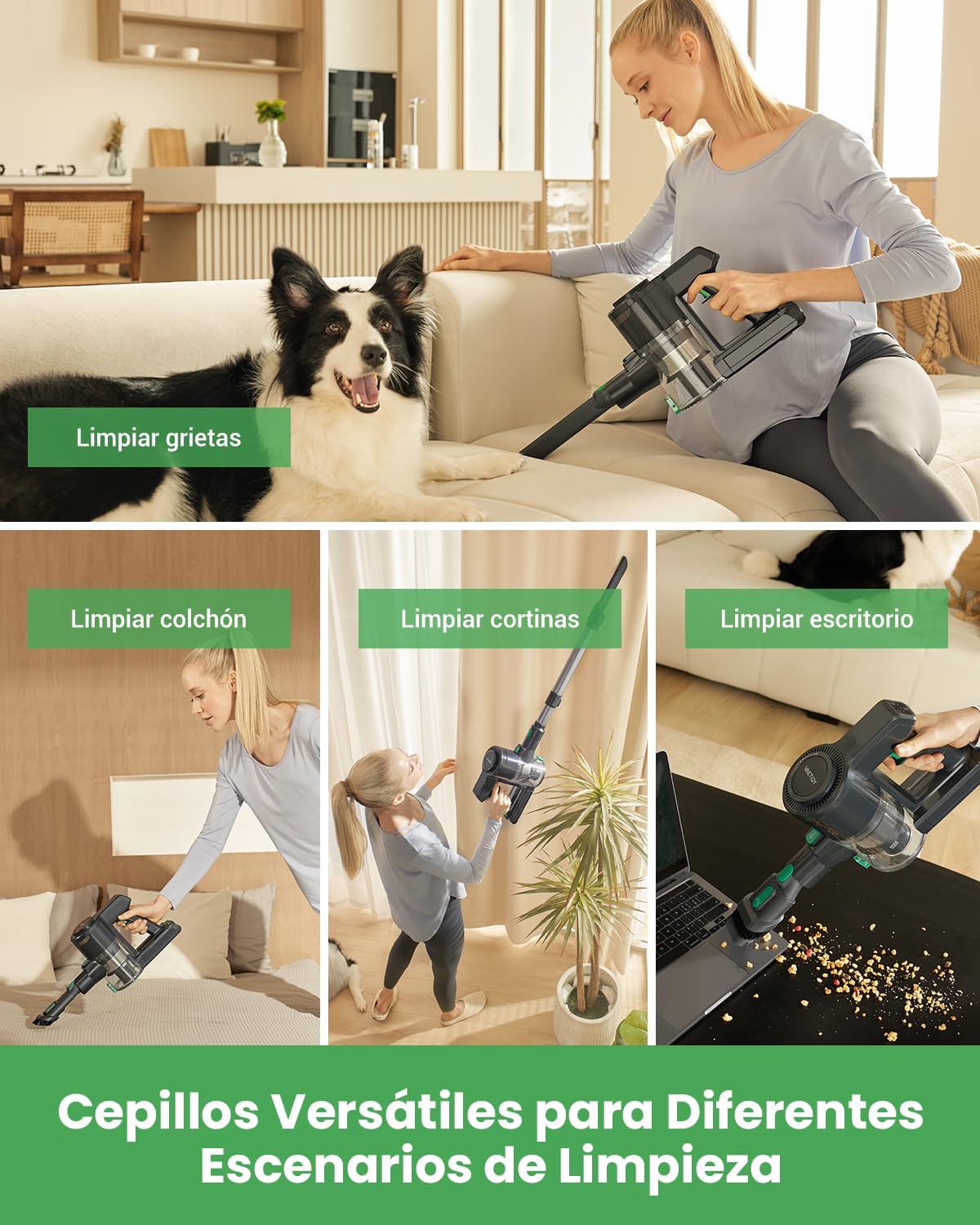 Vactidy Aspiradora sin Cable V9, Aspiradora Escoba sin Cable 30K Pa Potente Succión, Autonomía de 45 Mins, 4-en-1 Aspirador de Mano para Mascota, Suelo