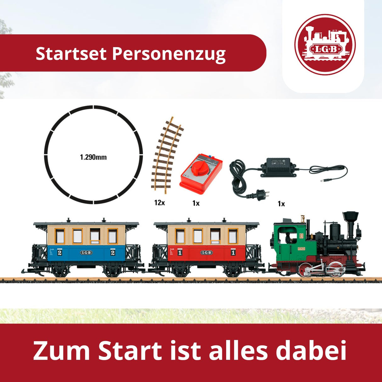 LGB- Startset Personenzug 70307 L70307-Kit de Tren de jardinería con Locomotora y Dos vagones, Color Pista g, 85 x 12 x 16 cm (Gebr. Märklin & CIE. GmbH