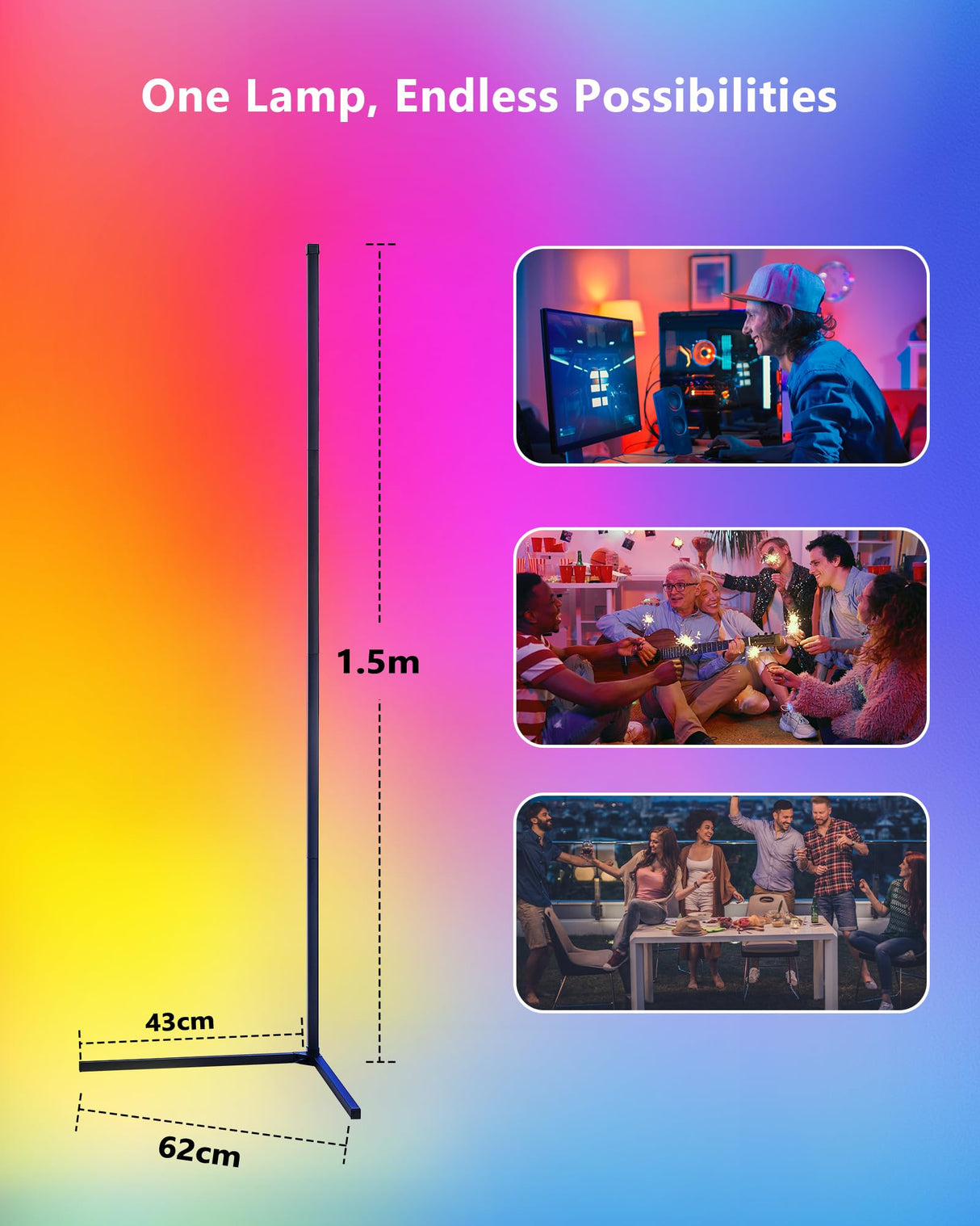 LuminexDesigns Pack de 2 Lámparas de Pie LED RGB 150cm – Luces de Esquina Regulables con Mando a Distancia, Control Alexa, Iluminación Decorativa para Salón, Dormitorio o Zona Gaming