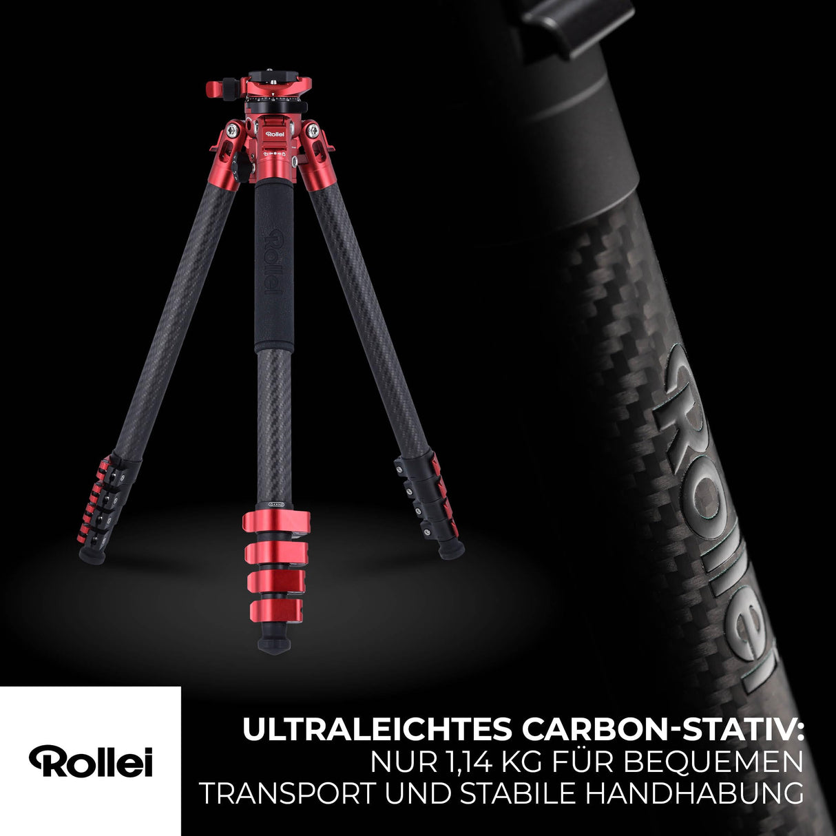 Rollei Easy Traveler - Trípode de Carbono (Capacidad de Carga de 5 kg, Altura de 160 cm, Ultraligero, Compacto, función de Bloqueo)