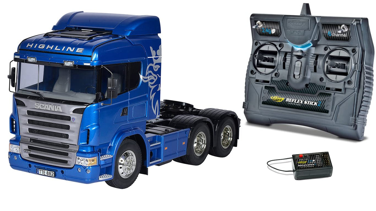 Tamiya 56327 1:14 RC Scania R620 6x4 Highl.Pintado de Azul - Paquete de camión con Mando a Distancia (FS Reflex Stick II 2.4 GHz 6CH), camión RC, camión teledirigido, modelismo, Kit, camión