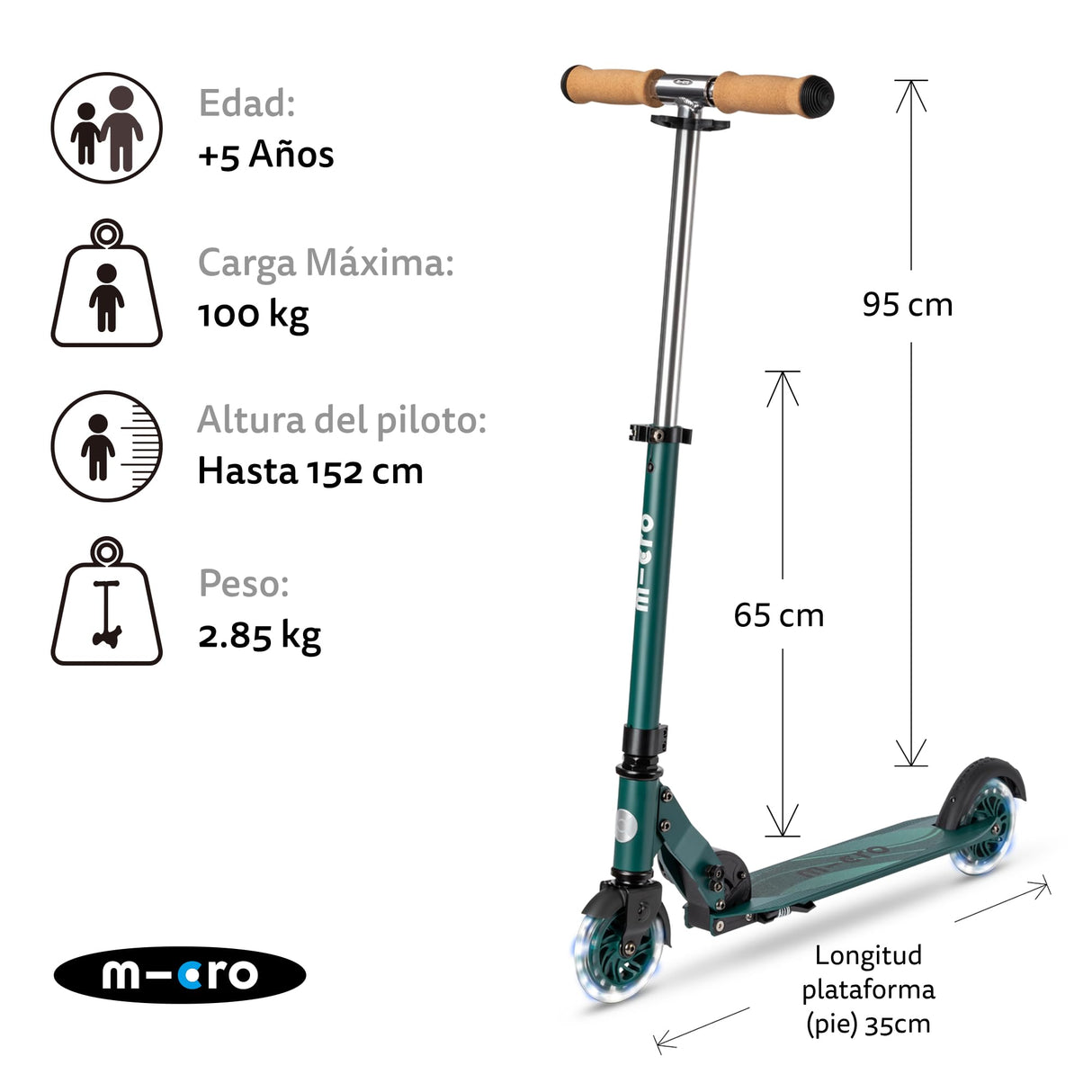 Micro® | Micro Sprite LED Scooter 2 Ruedas Niños | Patinete y Puños Plegables | Ruedas con iluminación LED | Ligero y Regulable en Altura | +5 Años | Niños y Niñas
