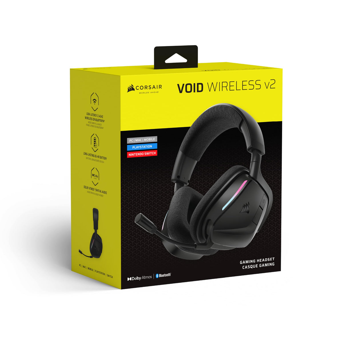 CORSAIR VOID v2 Auriculares Inalámbricos para Juegos con Bluetooth para PC, PS5, PS4, Switch y Móvil – Dolby Atmos, Batería de 70 Horas, Inalámbrica de Doble Banda, Carga Rápida – Carbono
