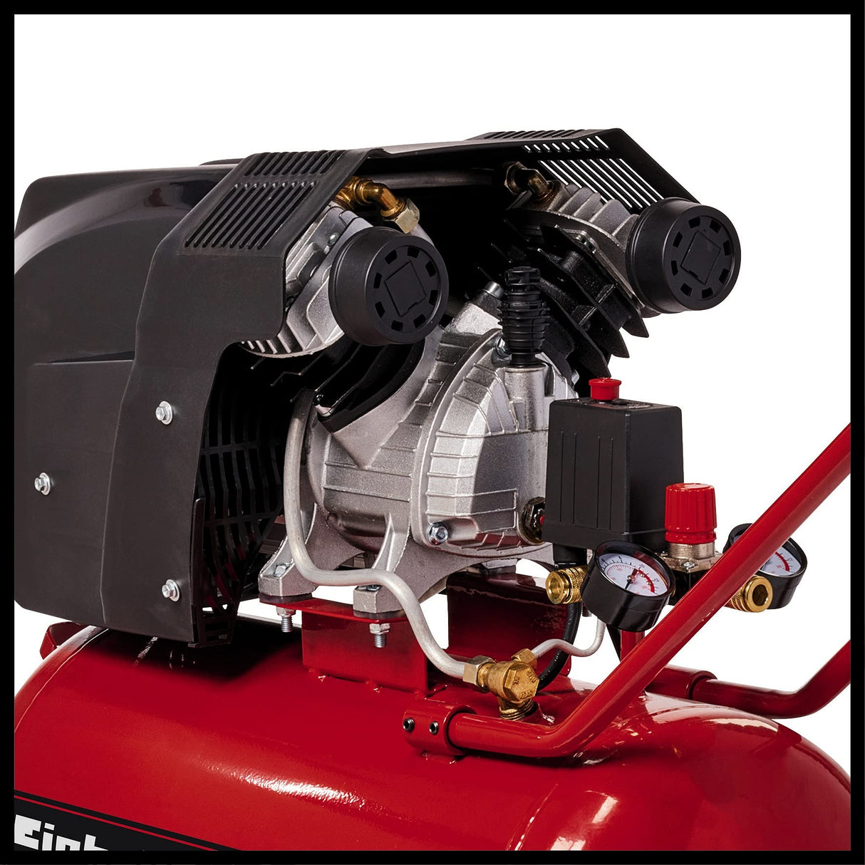 Einhell Compresor TE-AC 400/50/10 V (cilindro en V lubricado por aceite, 2200W, 10 bar, tanque de 50L, capacidad de aspiración de 400l/min, reductor de presión, 2 manómetros y 2 acoplamientos rápidos)