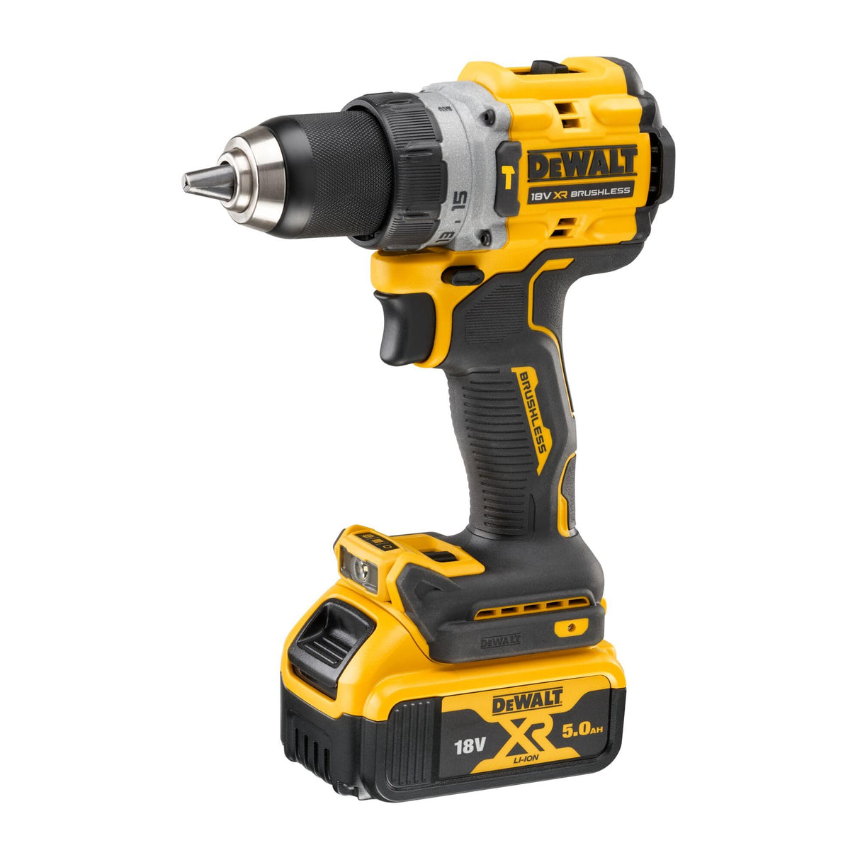 DEWALT DCD805P2T-QW - Taladro Percutor a batería 18V, Motor sin escobillas, Caja de engranajes metálica de 2 velocidades, Luz LED, Incl. 2 baterías XR de 5.0Ah, cargador y caja TSTAK