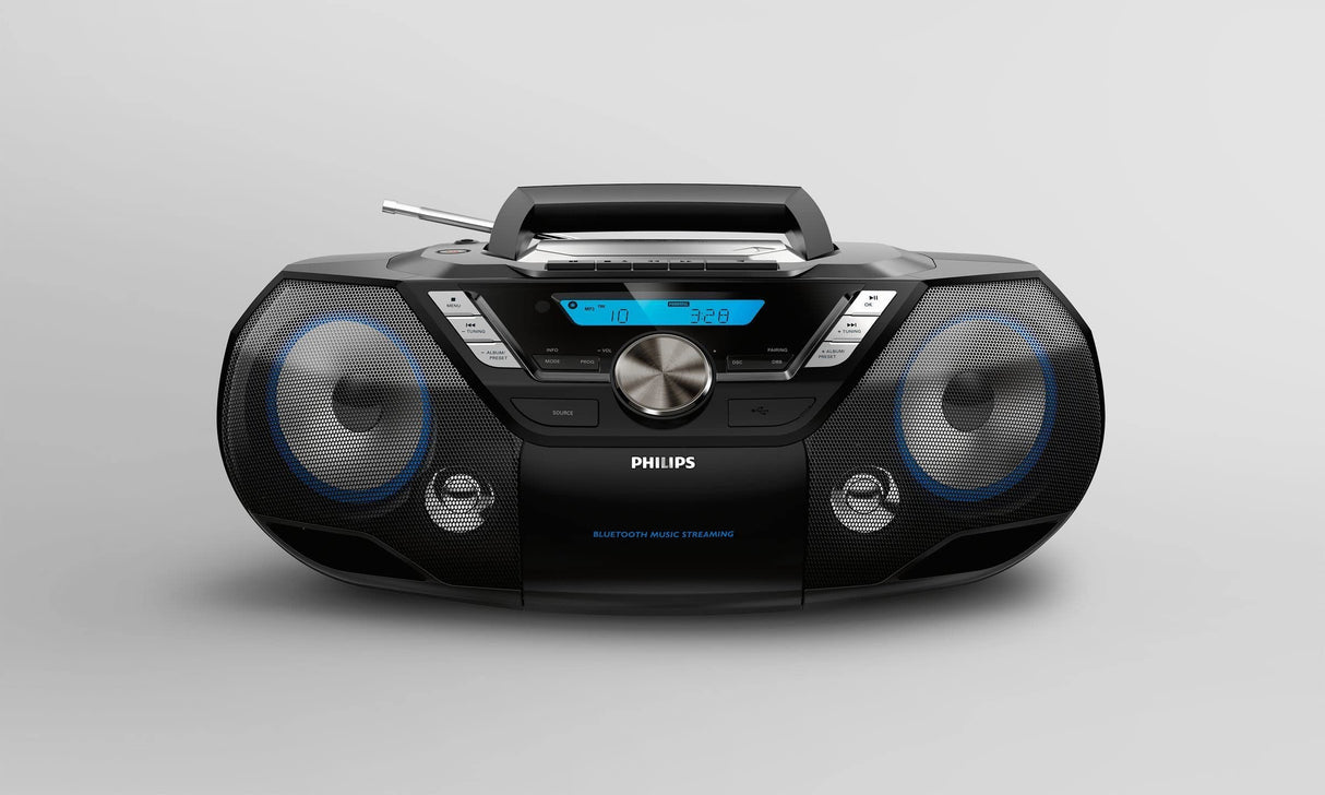 Philips AZB798T/12 Máquina de Sonido CD portátil, Reproductor de CD y Cassette Dab y FM Bluetooth, MP3-CD, USB, Bass dinámico, Control Remoto, Temporizador de sueño - Negro