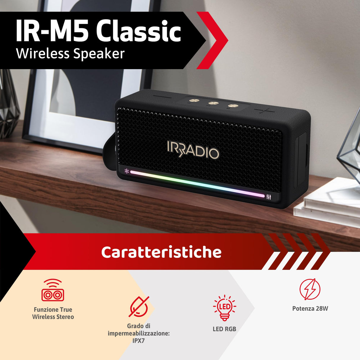 IRRADIO IR-M5 Classic, Altavoz portátil Potente, Doble Controlador de 50 mm, subwoofer pasivo, 20 W de Potencia. Sonido equilibrado, iluminación LED RGB, Grado de impermeabilización IPX7, función