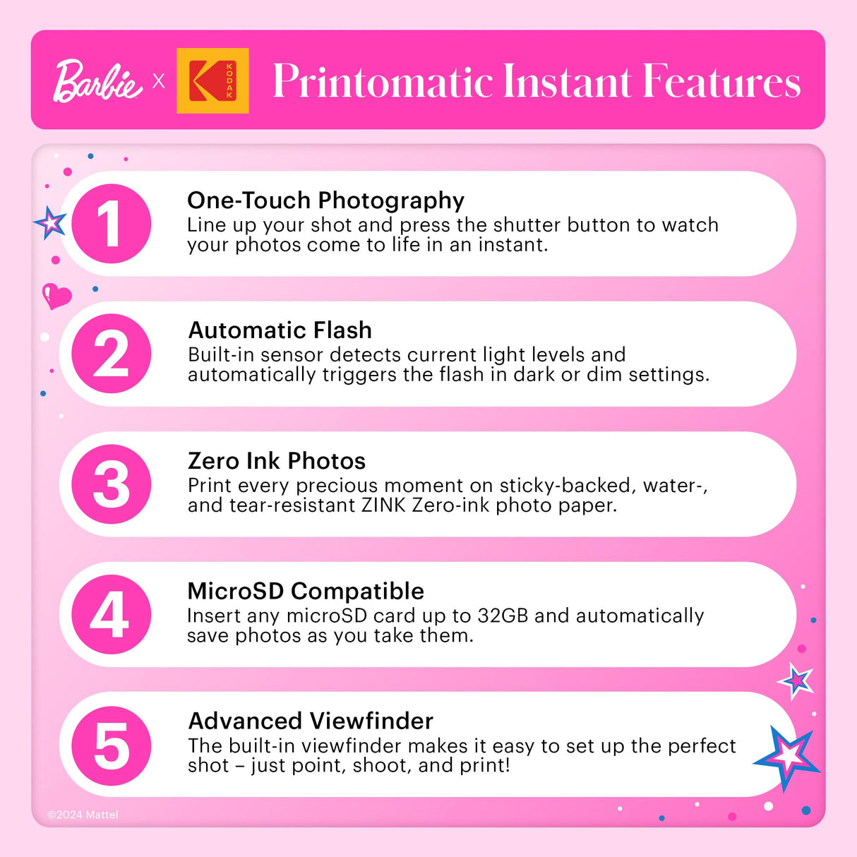 KODAK Barbie x Printomatic Cámara Digital a Color – Cámara Portátil Barbie 5MP Imprime Fotos Coloridas 2x3” Autoadhesivas – Estilo Icónico