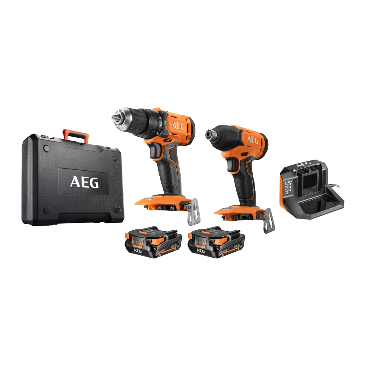 AEG Taladro de percusión compacto, destornillador de impacto, 2 baterías de 2,0 Ah, cargador, caja de 17 piezas