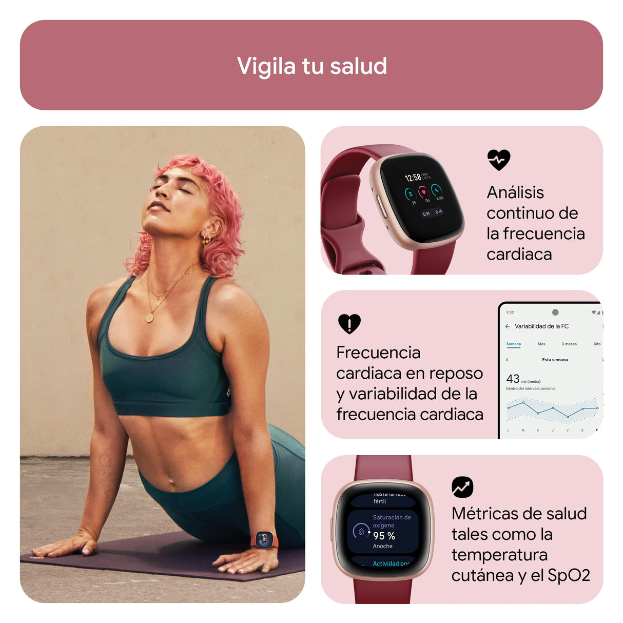Fitbit Versa 4,Beet/Copper Rose Smartwatch, Unisex-Adult, Rojo Cereza/Aluminio Rosa cobrizo, One Size