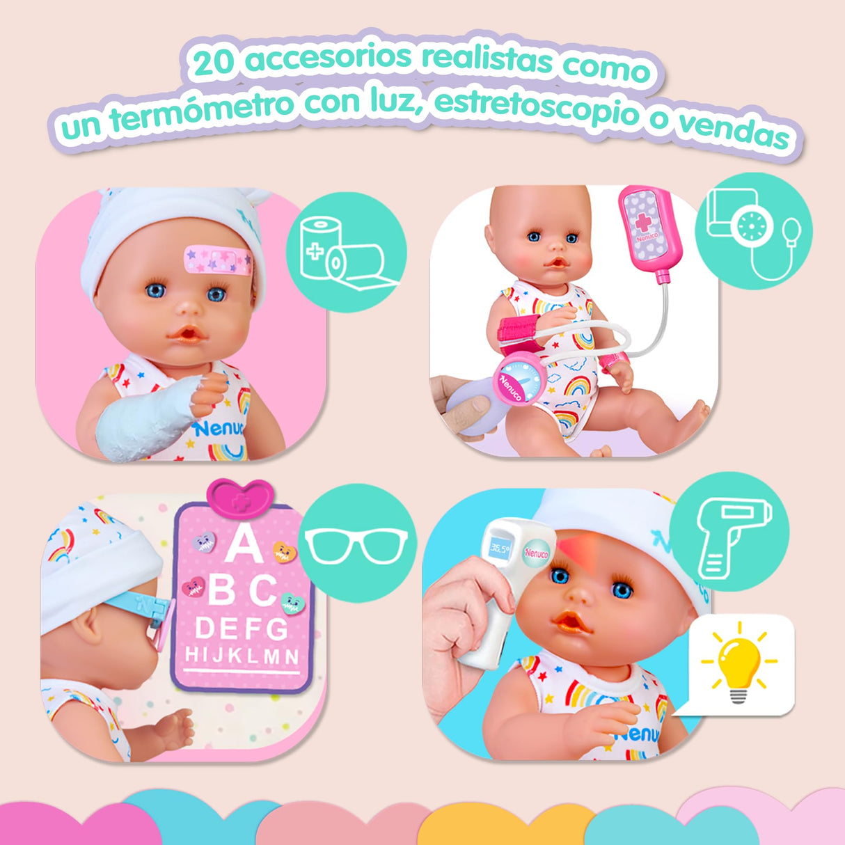 Nenuco Centro Médico, Muñeco Bebé de 35 cm y Cuerpo Duro, 20 Accesorios Realistas para Revisar al Bebé, Revisión de Vista, Área de Cuidados Intensivos y Mucho más, +3 Años, Famosa (NFNA1000)
