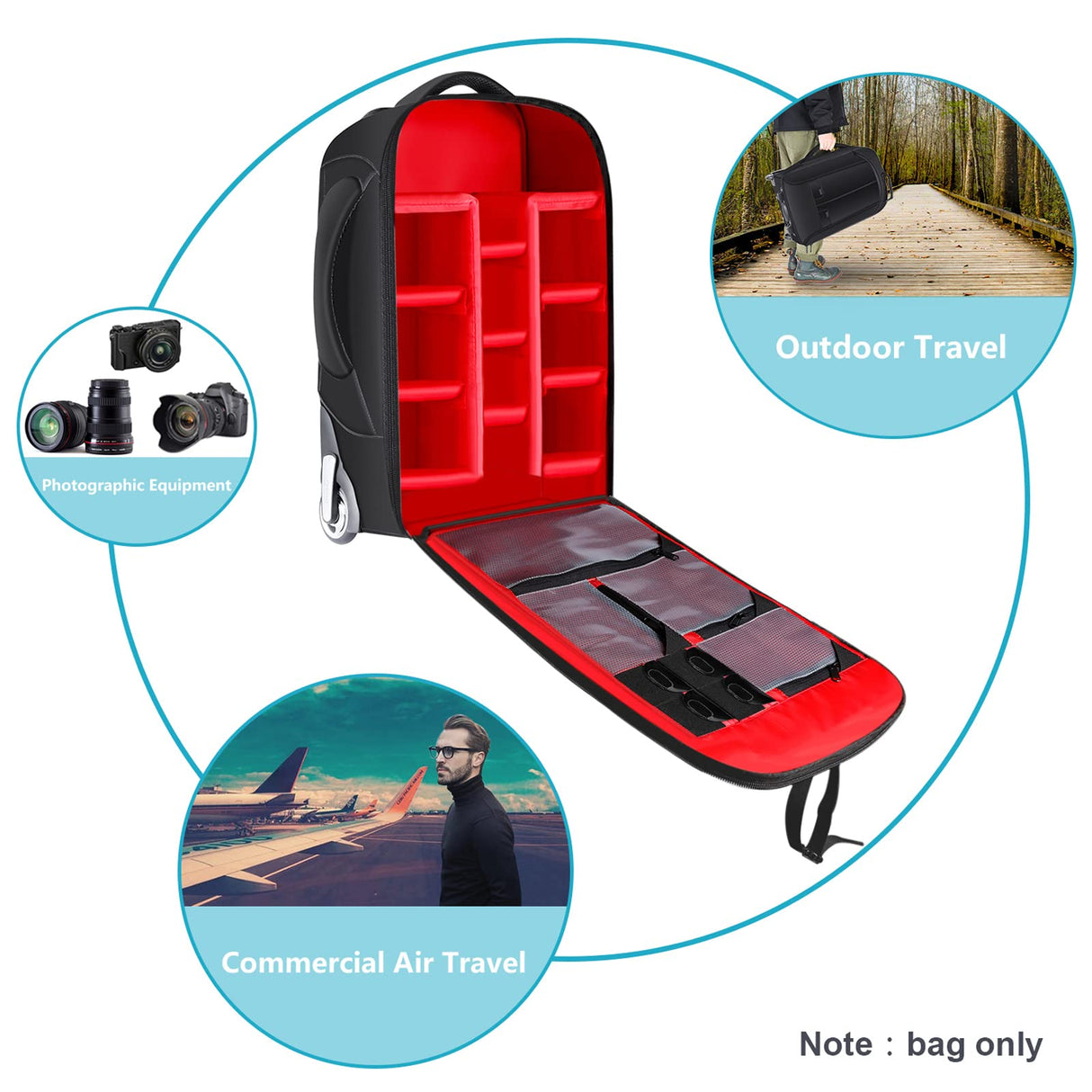 Neewer 2 en 1 Mochila corredera para cámara Estilo Maleta Convertible con Doble asa a Prueba de Golpes con Compartimentos Acolchados extraíbles para cámaras SLR/DSLR Trípodes Lentes (Negro/Rojo)