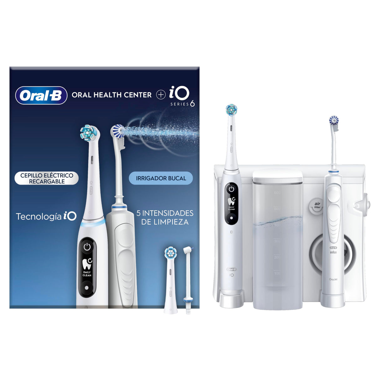 Oral-B Centro De Salud Bucal Irrigador: Irrigador Dental de Agua, Cabezal Oxyjet, Cabezal Water Jet + Cepillo de Dientes Eléctrico iO6 con Cabezal de Recambio, Regalos Originales para Mujer y Hombre