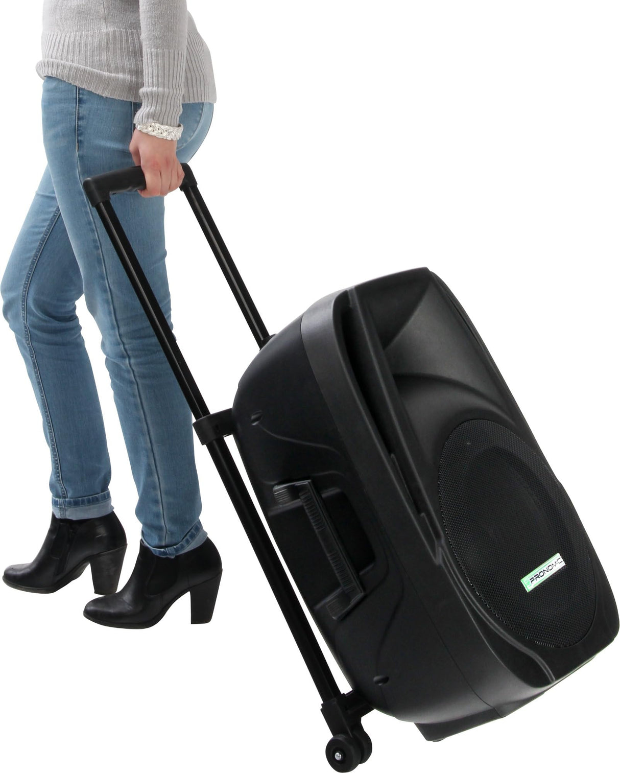 Pronomic PH12AW Caja Activa 12" con batería, 80W RMS, 5h autonomía, Bluetooth, MP3/SD/USB, Incluye micrófono inalámbrico, Headset, Mando y Trolley para Sistemas móviles.