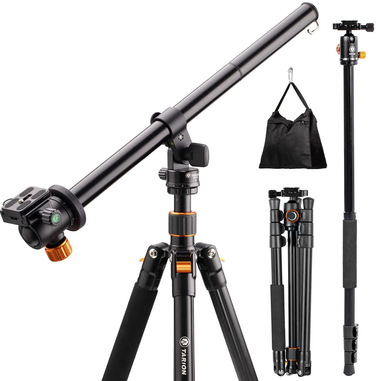 TARION Q550 Trípode Cámara y Brazo Extensión Columna Central con rotación Horizontal 360°y Vertical 180°y Sacos de Arena MAX 155 cm Carga 6 kg para Viajar Foto
