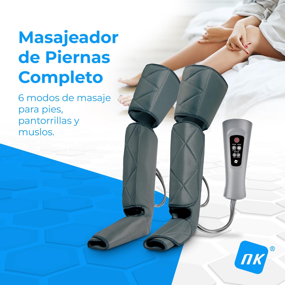 NK Masajeador de piernas, 6 Modos de masajes completos y parciales, 4 Niveles de Intensidad para cada modo, Temporizador con botones, Función Calor, Compresión de aire para relajación muscular