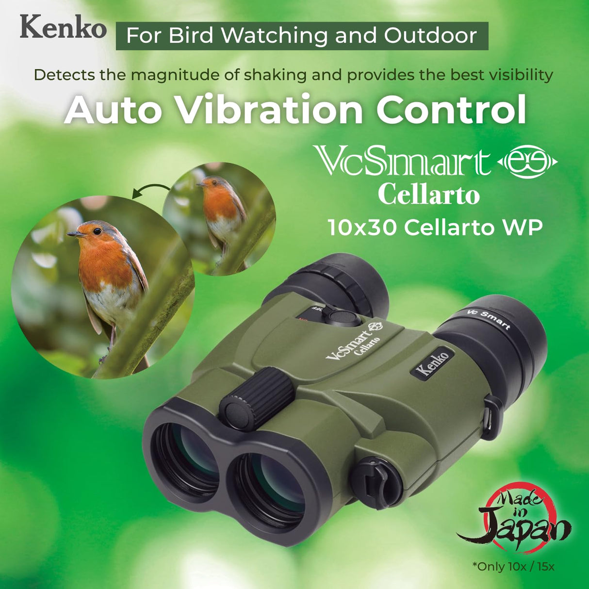 Kenko Prismáticos de estabilización de Imagen Vc Smart 10 x 30 Cellarto WP, Prisma de tejado, Impermeable IPX7, Uso Continuo 28 Horas, para Exterior, observación de Aves y observación de Estrellas