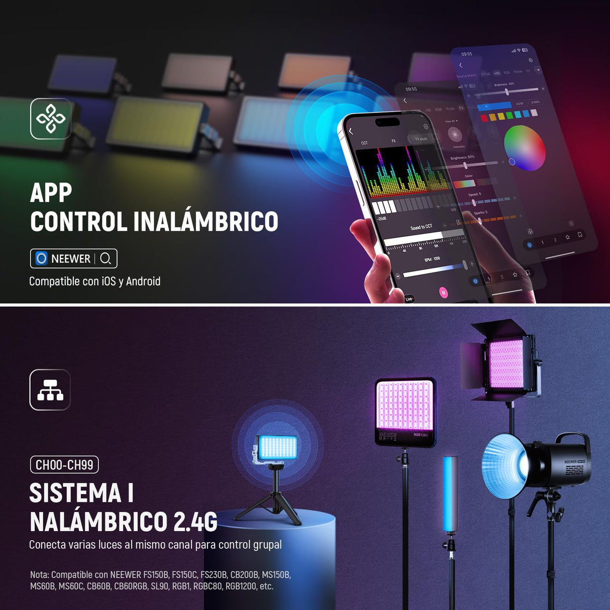 NEEWER - Lámpara de vídeo RGB de 12 W, Panel LED para Streaming, Selfie, 2500 K-10000 K CRI97+, Control App/2.4 G, batería 4300 mAh, Soporte de Escritorio para Vlogging, grabación de vídeo, Podcast