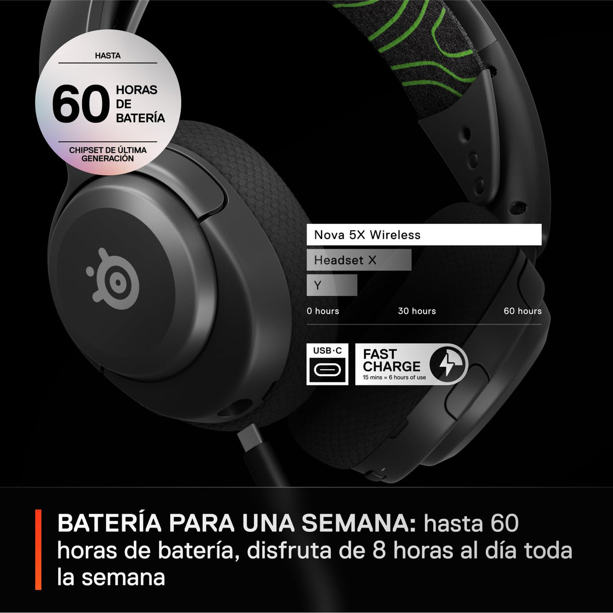 SteelSeries Arctis Nova 5X Cascos Xbox Inalámbricos - Xbox, PC, Switch 2, móvil - Controladores magnéticos de neodimio - Más de 100 preajustes - Batería de 60 horas - 2,4 GHz o BT - Micro Gen2.X
