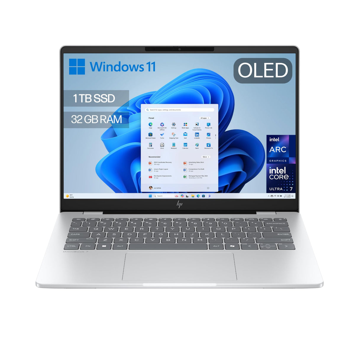 HP OmniBook 7 AI 14" OLED 2K, Ordenador Portátil Intel Core Ultra 7-255H, 32GB RAM, 1TB SSD, Gráficos Intel, Windows 11 Home, Wi-Fi 7, Gris - Teclado QWERTY Español