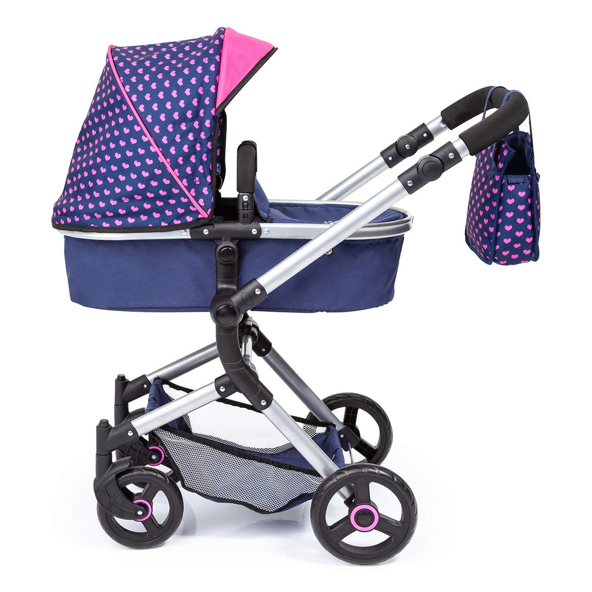 Bayer Design 18454AA Cochecito para muñecas Neo Vario con bolso cambiador y cesta de la compra, convertible en coche deportivo, altura ajustable, moderno, azul con patrón de unicornio y corazón