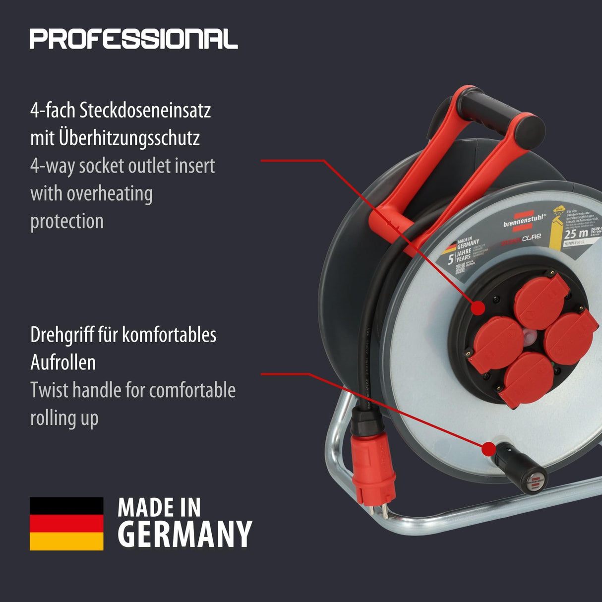 Brennenstuhl Professional SteelCore Carrete SC 2200 IP44, 25m H07RN-F 3G2,5, cuerpo de tambor de chapa de acero, uso en obra y exterior permanente, fabricado en Alemania