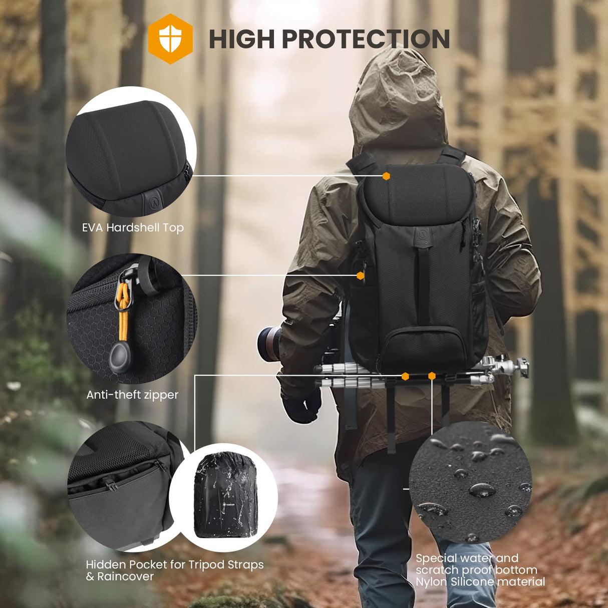 TARION Mochila para cámara - Mochila impermeable para cámara Mochila para cámara Mochila grande para fotografía Acceso lateral con compartimento para computadora portátil de 15,6 pulgadas
