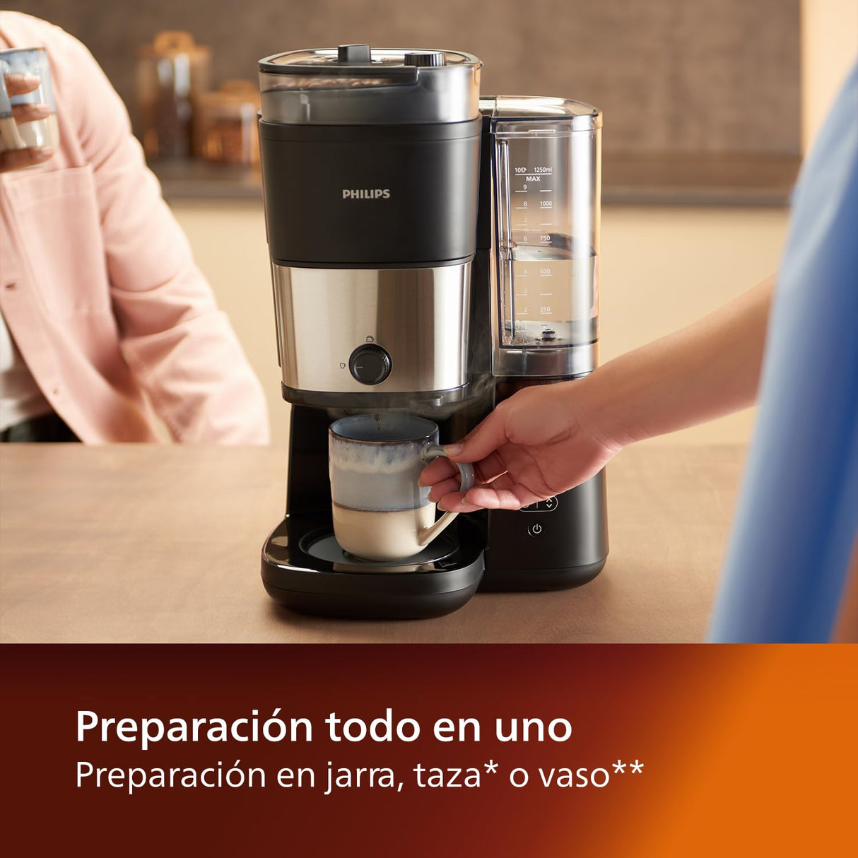 Philips Todo en 1 Cafetera de goteo - molinillo cónico incorporado para granos frescos - preparación en jarra de vidrio de 1,25 L o directamente en taza