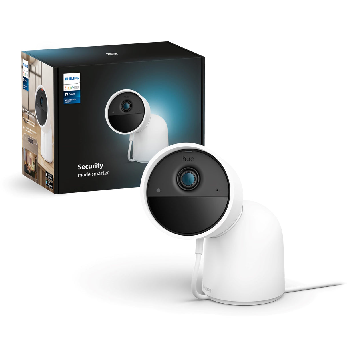 Philips Hue Secure Cámara de Video Vigilancia Inteligente con Base para Exteriores o Interiores, Versión con Cable, Full HD Video, Control de Seguridad e Iluminación en una Sola App, Blanco