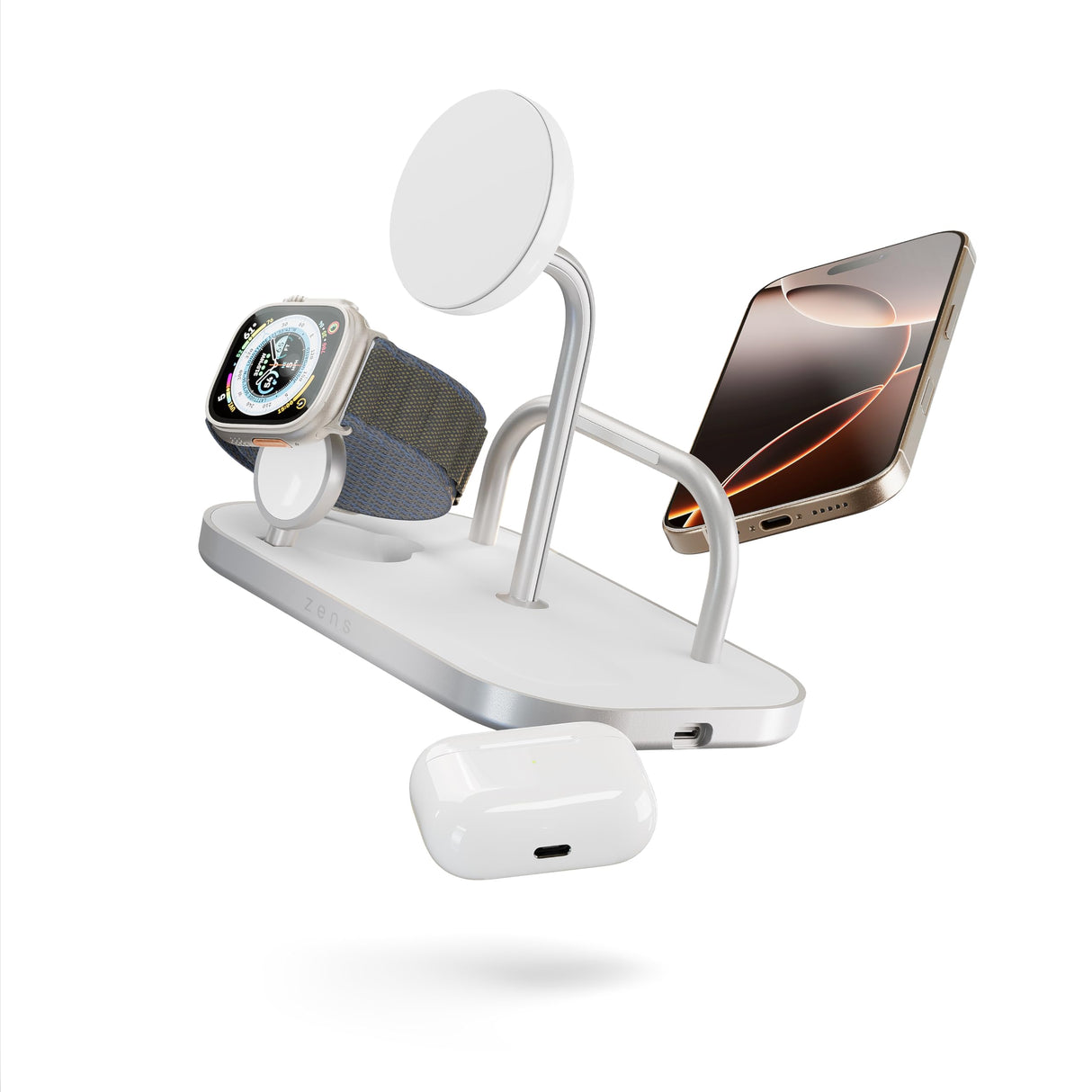 Zens 4-in-1 Wireless Charger, Cargador inalámbrico MagSafe y Qi2 de 15 W para iPhone/Apple Watch/AirPods, Incluye Adaptador de Corriente de 65 W (EU/UK/US) y Cable Integrado de 1,5 m, Blanco