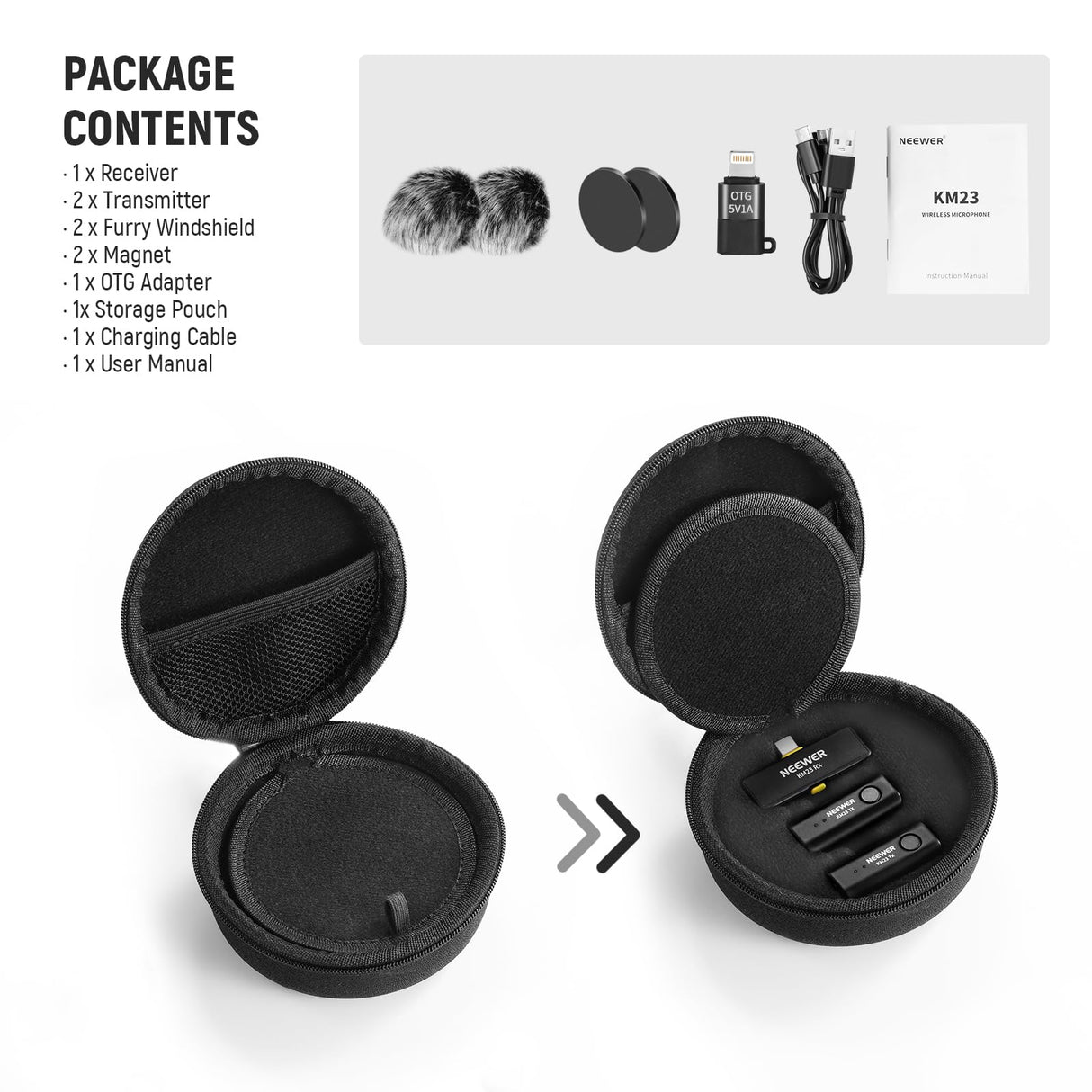 NEEWER Sistema Micrófono Inalámbrico Lavalier, 1 Receptor USB C con Adaptador OTG y 2 Transmisores Condensador Omnidireccionales con Cancelar Ruido Compatible con iPhone 16 Pro MAX S24 Ultra, KM23