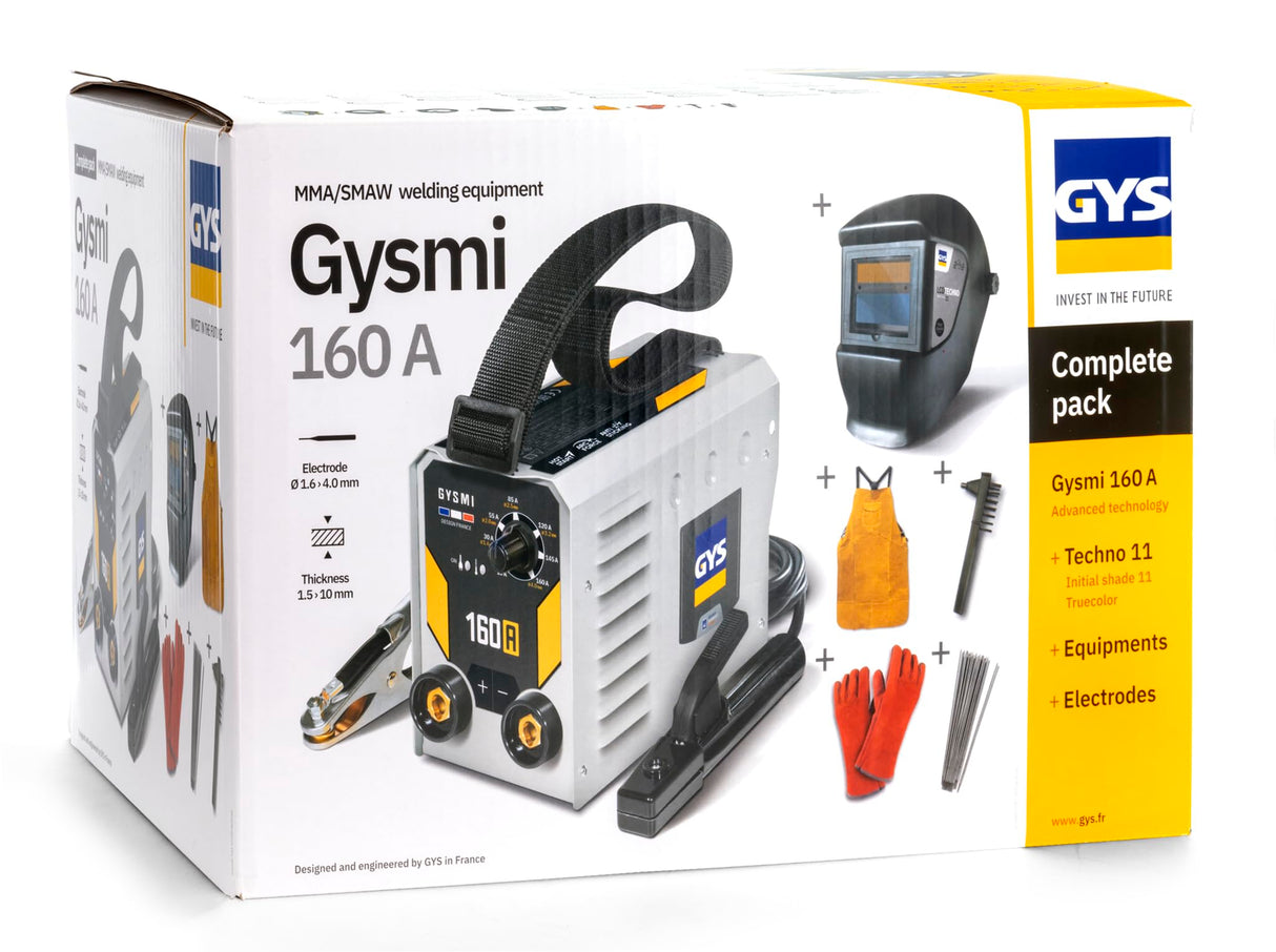 GYS, GYSMI 160A, estación de soldadura con electrodo recubierto de 160 A monofásico de 230 V (MMA), con máscara LCD TECHNO 11, portaelectrodos, cable de masa, 10 electrodos Ø2,5 mm, martillo/cepillo