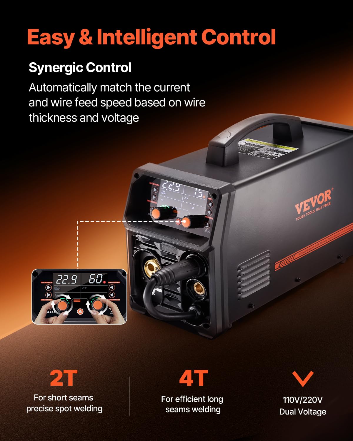 VEVOR Máquina de Soldadura MIG Sinérgica de 200 A, Máquina de Soldadura Multiproceso 4 en 1 con Tecnología de Inversor IGBT y Pantalla LCD, de Forma más Inteligente, 430 x 180 x 320 mm, Negro
