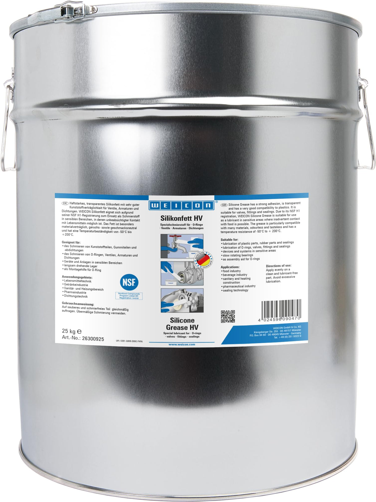 WEICON Grasa de silicona HV 25 kg, Grasa de silicona apta para válvulas, accesorios y juntas, Grasa lubricante transparente