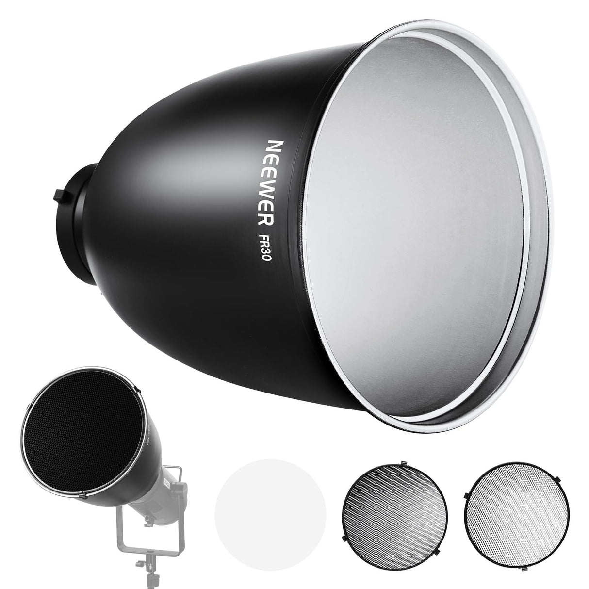 NEEWER 11,6"/29,5cm Soporte Bowens Reflector Enfoque Profundo con 15°/30° Honeycomb Grids y Tela Suave, 45° Pantalla Difusor Compatible con Godox NEEWER Estudio Strobe Flash Luz Speedlite, FR30