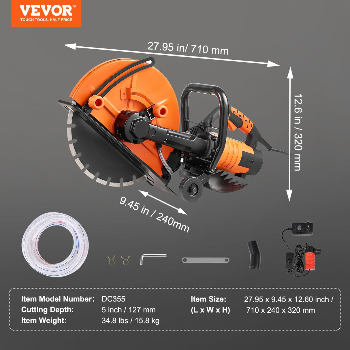 VEVOR Sierra Eléctrica para Hormigón 356mm 2800W Sierra Circular de Alta Potencia Profundidad de Corte de 127 mm Sierra de Disco Húmeda/Seca con Tubería de Agua Bomba de Agua Hoja para Piedra Ladrillo