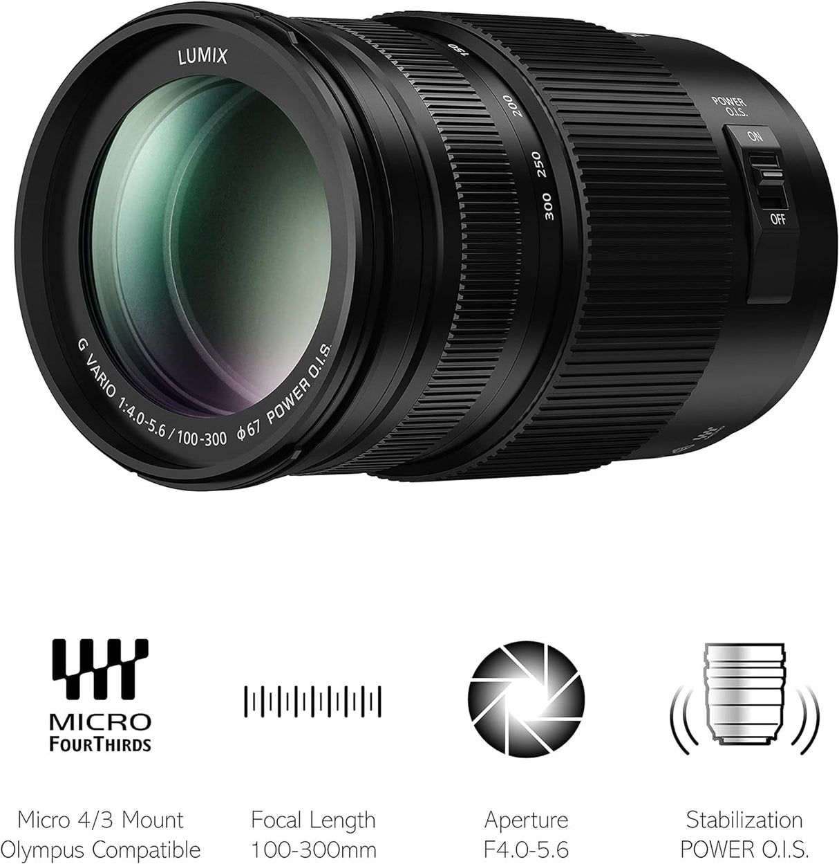 Panasonic LUMIX H-FSA100300 II - Objetivo Tele Zoom para cámaras de montura M4/3 (Focal 100-300 mm, F4-F5.6, tamaño filtro 67 mm, POWER O.I.S), negro