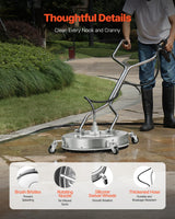 VEVOR Limpiador de Superficies con Hidrolavadora, Acero Inoxidable, 4 Ruedas, Forma Redondo, 27,58 Mpa máx., 2 Boquillas Rociadoras, Mango Doble, para Concreto, Patio, Acera, 558 x 558 x 1500 mm