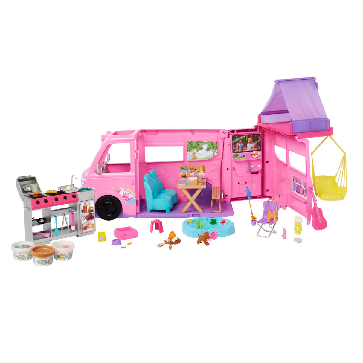 Barbie Súper Caravana DreamCamper Conjunto de juego con tienda de campaña en el techo, columpio, estanque de pesca, barbacoa con función de cambio de color y más de 60 accesorios, incluida masa, HRJ78