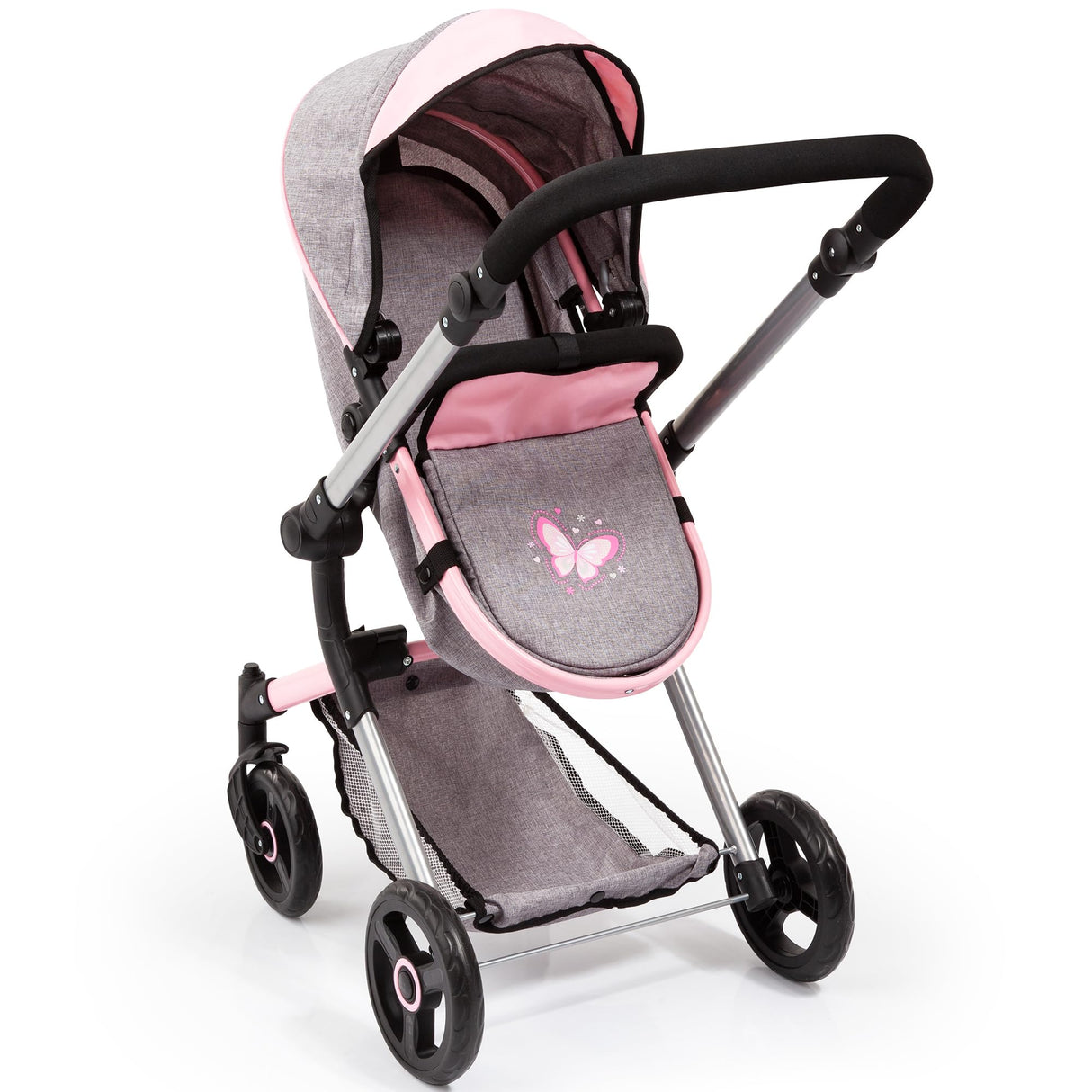 Bayer Design- Cochecito de Muñecas Neo Vario Combolso Cambiador, Convertible, Plegable, Color Vaqueros Grises, Rosa, Mariposa (18433Aa)