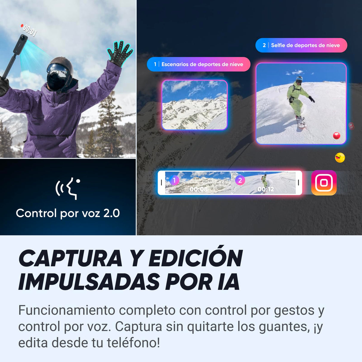 Insta360 X4 Paquete de Snowboard - Cámara de acción Impermeable 8K 360, Vídeo 4K Gran Angular, Efecto Selfie Stick Invisible, Protectores de Lente Extraíbles, 135 Min Batería, Edición IA