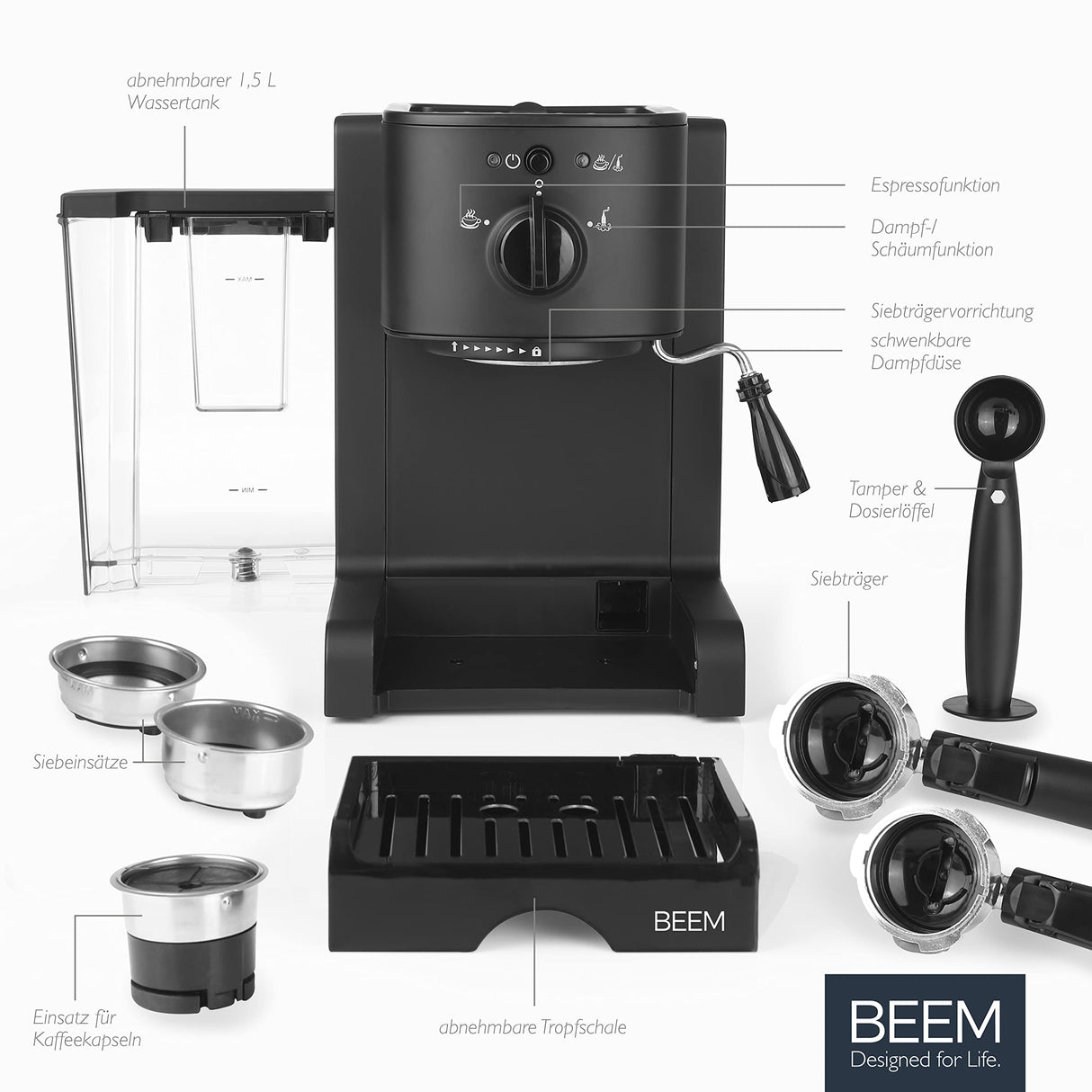BEEM ESPRESSO-PERFECT Máquina de café espresso | 20 bares | Para cápsulas, polvo&Pads para disfrutar del café en casa | Con boquilla de espuma de leche para especialidades de café como las del barista
