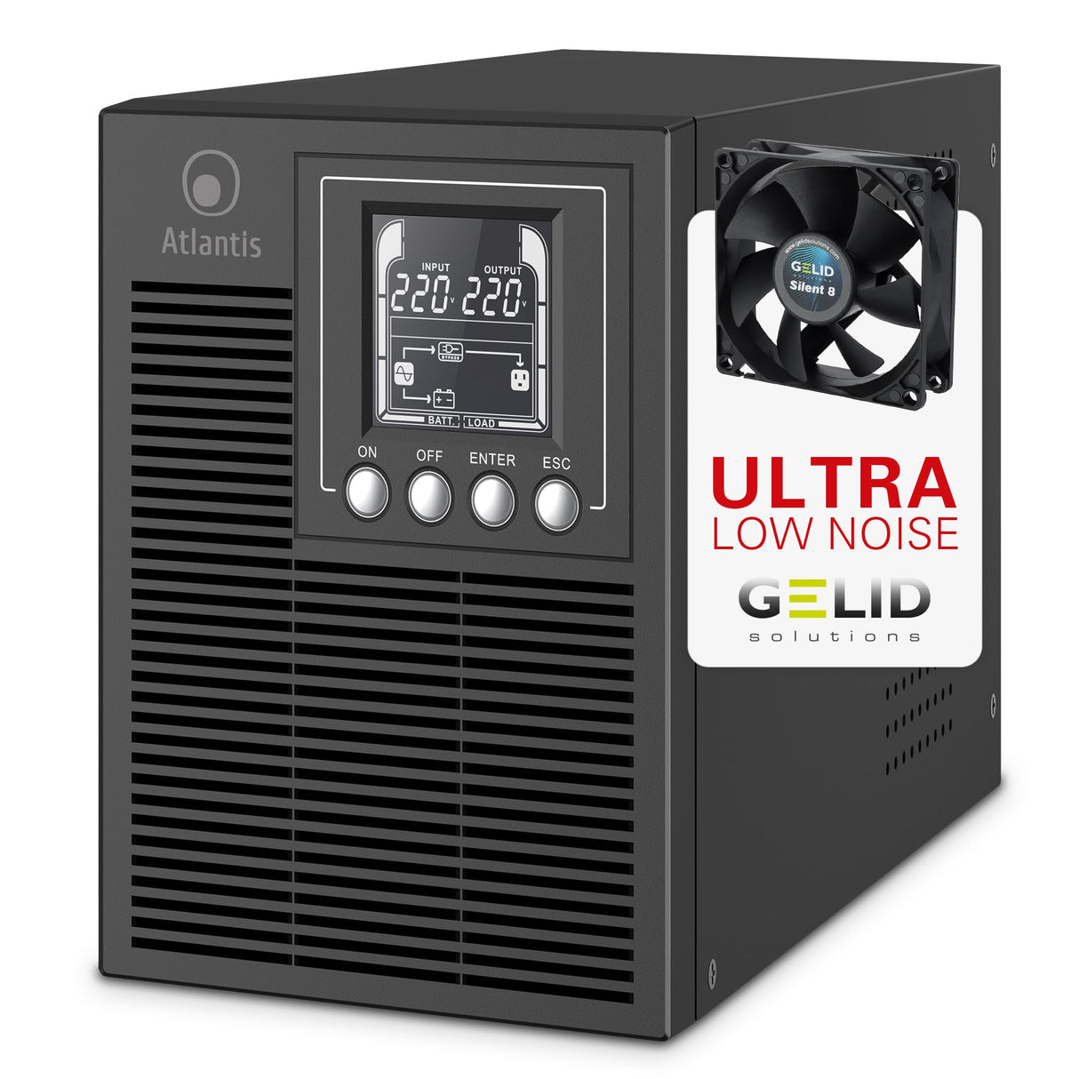 Atlantis A03-OP1002XLN Online 88% Quieter Server UPS Double Conversion Pure Sine Wave 1000VA 700W, Low Noise Fan Gelid 23,6 dBA, USB,2 Schuko + 1 IEC, 2x12V-9Ah