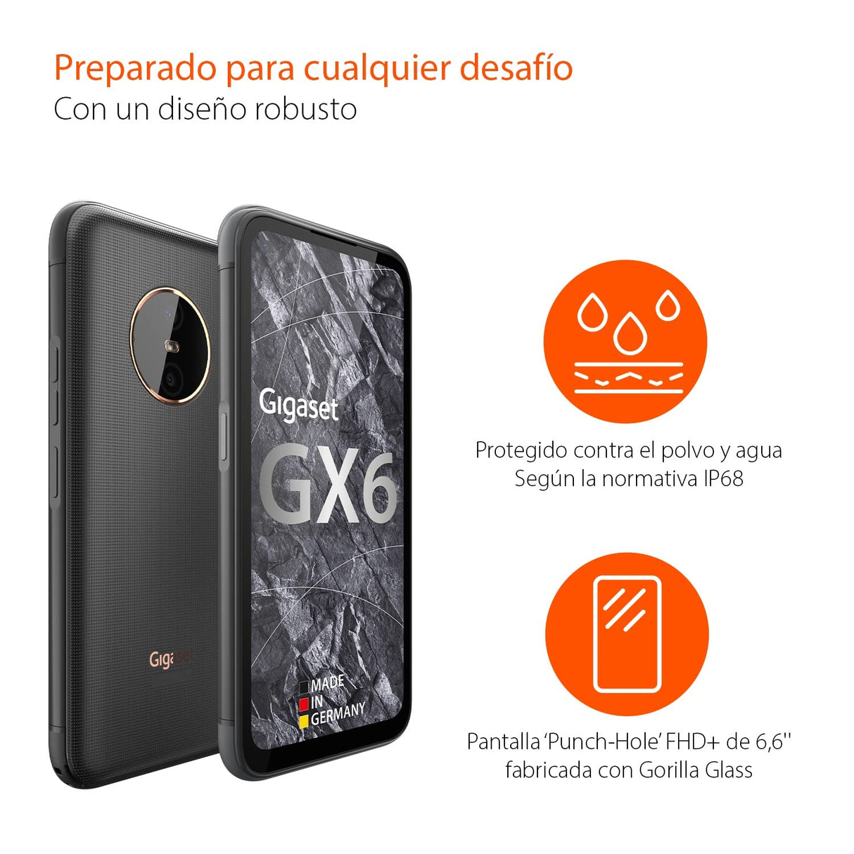 Gigaset GX6 para Exteriores 5G Smartphone - Estándar Militar, IP68 Resistente al Polvo y al Agua, Pantalla de 6,6" FHD+ con Gorilla Glass - 128GB+6GB RAM - Cámara de 50MP, Capaz de Android 14, Negro