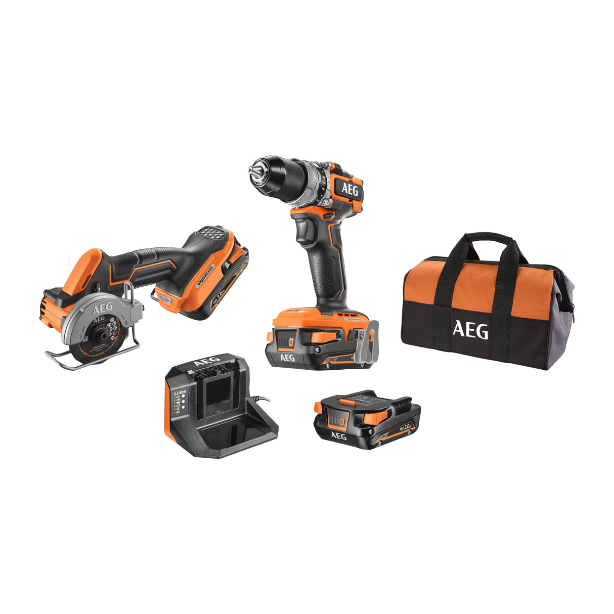 AEG – Duo Brushless: Taladro de percusión sin escobillas Subcompact 18V, mini sierra multimaterial sin escobillas Subcompact 18V, 2 baterías de 2,0 Ah, cargador, bolsa – JP18A2SBL-202B