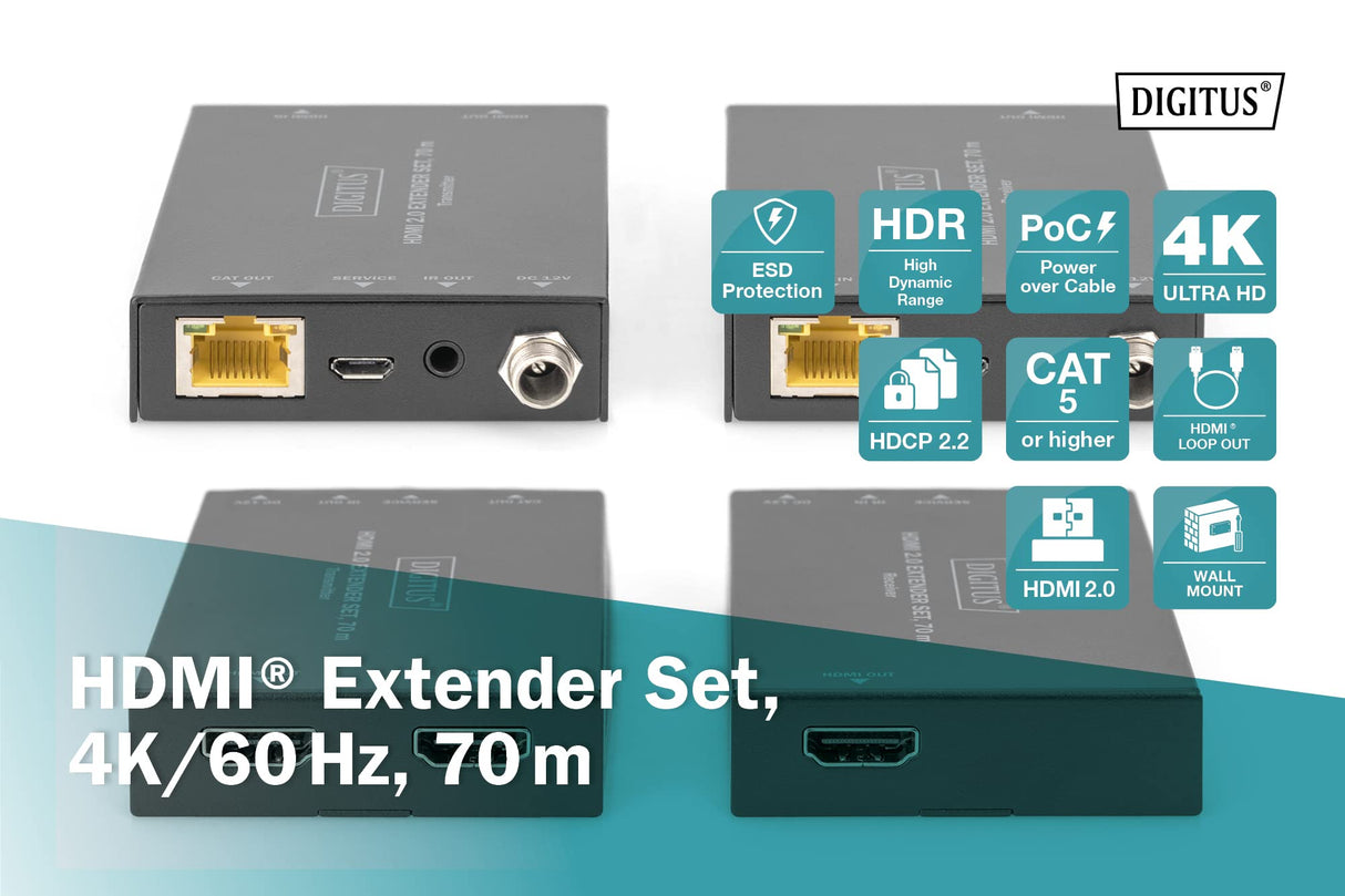 DIGITUS DS-55506 Extensor HDMI - UHD 4K 30 Hz - 70 m Mediante Cable LAN - Set: Transmisor y Receptor - Loop-out, IR Infrarrojos - HDMI 2.0 & HDCP 2.2/1.4