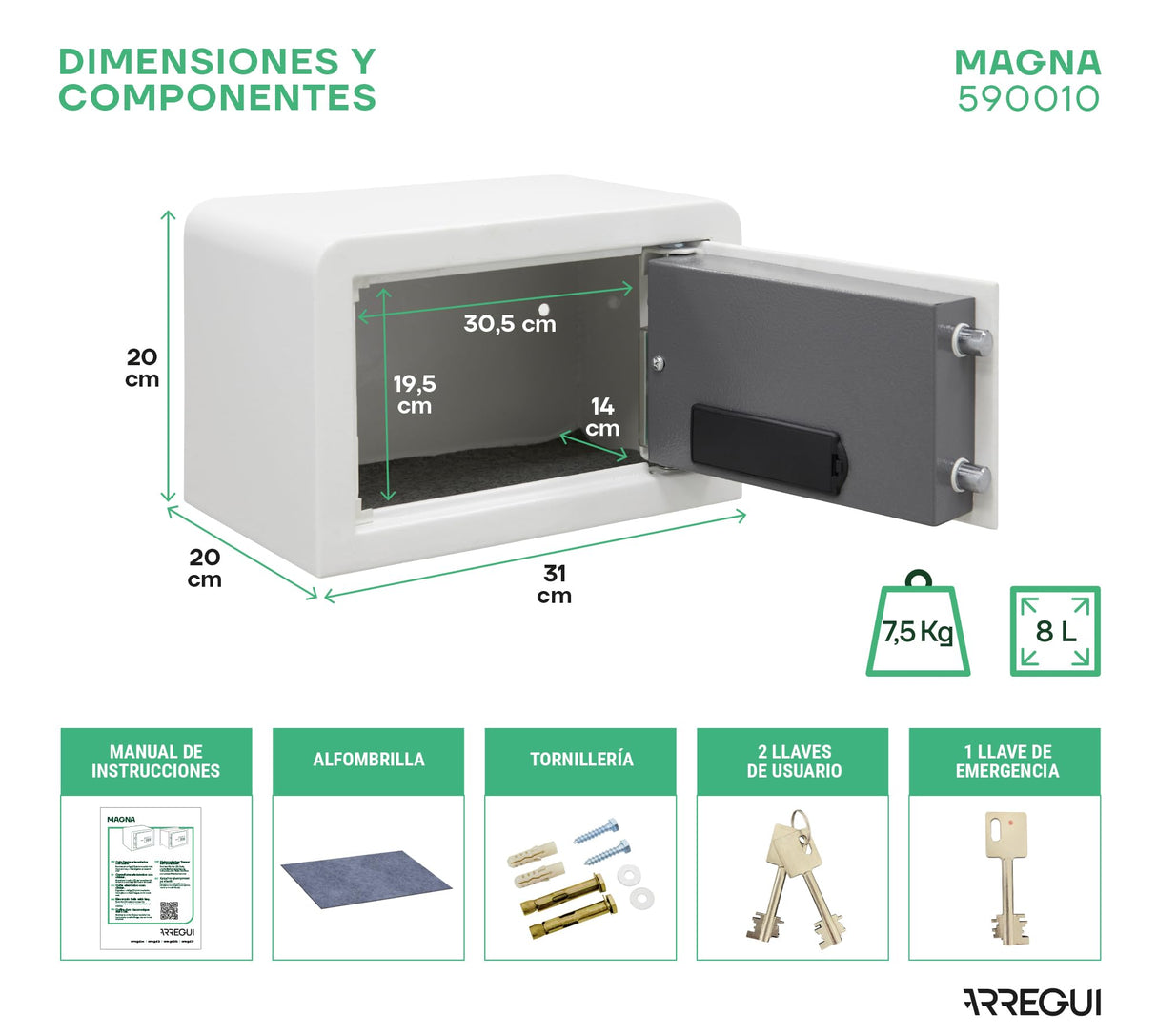 ARREGUI Magna 590010 Caja Fuerte con Cerradura de Doble Seguridad | Caja de Seguridad de Apertura con Codigo más Llave | Caja Fuerte Pequeña para Casa, Hogar, Negocios | 20x31x20 cm | 8 L