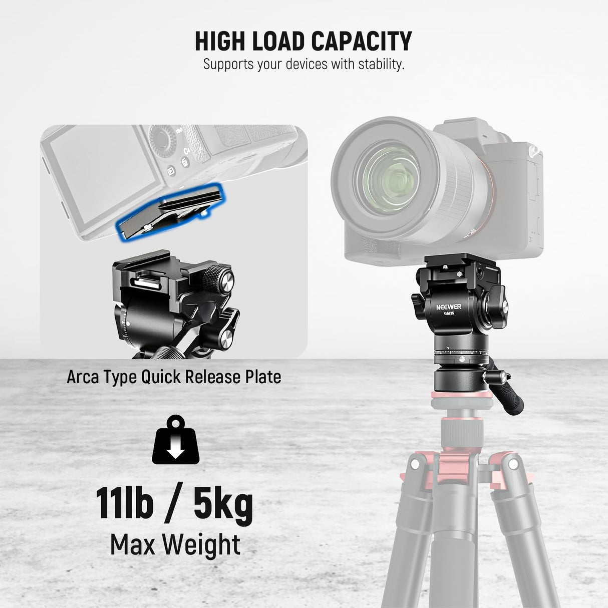 NEEWER Cabezal Fluido para Trípode con Base Niveladora de +/-7° (φ48mm), Soporte de Cabezal de Video Mini Pan Tilt Metal con Placa QR Tipo Arca, Mango Telescópico para Cámara Video Cámara DSLR, GM35