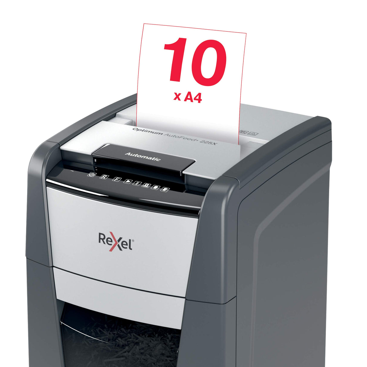 Rexel 2020225X - Destructora Automática Rexel Optimum AutoFeed 225X de Corte en Partículas P4 para Oficina, Destruye Hasta 225 Hojas a la Vez, Papelera Extraíble de 60 Litros, con Ruedas y Silenciosa